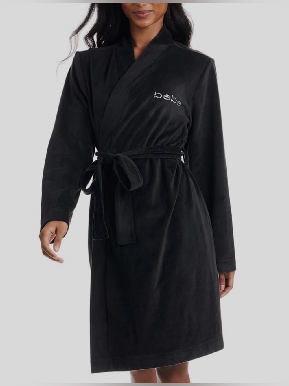 NWOT Bebe Velour Black Rhinestone Front Back Logo Robe Medium